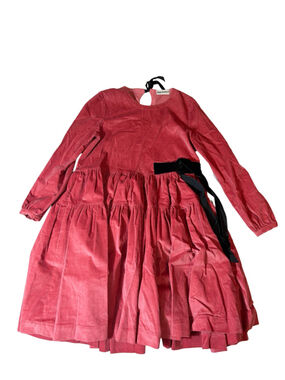 Molly Goddard AW19 Pink Corduroy Tiered Smock Dress Black Velvet Bow UK 12